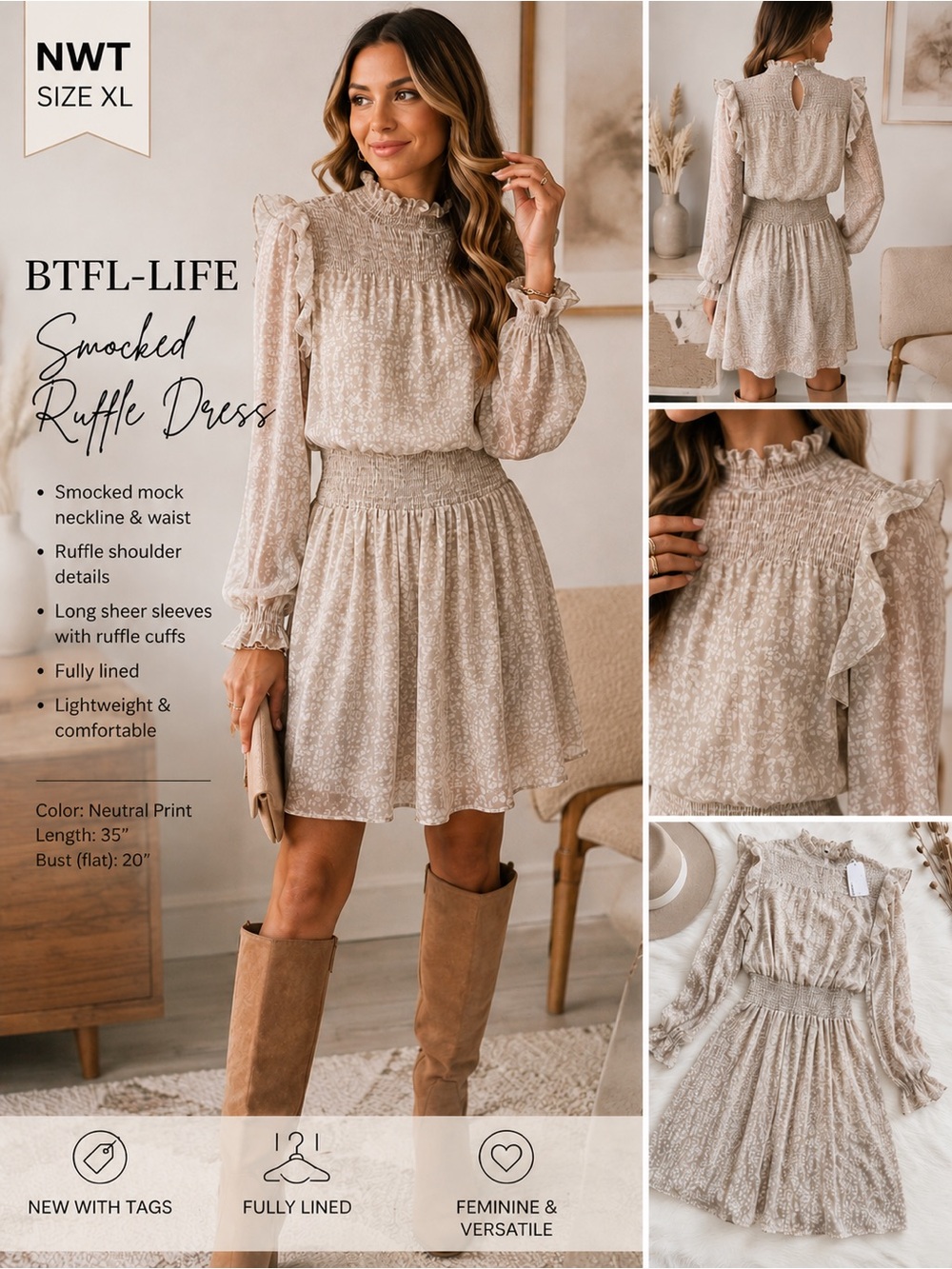NWT BTFL-Life Smocked Ruffle Sleeve Mini Dress XL Neutral Boho